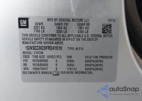 2015 Chevrolet Tahoe Ltz из США, поврежденный, VIN 1GNSCCKC8FR241616